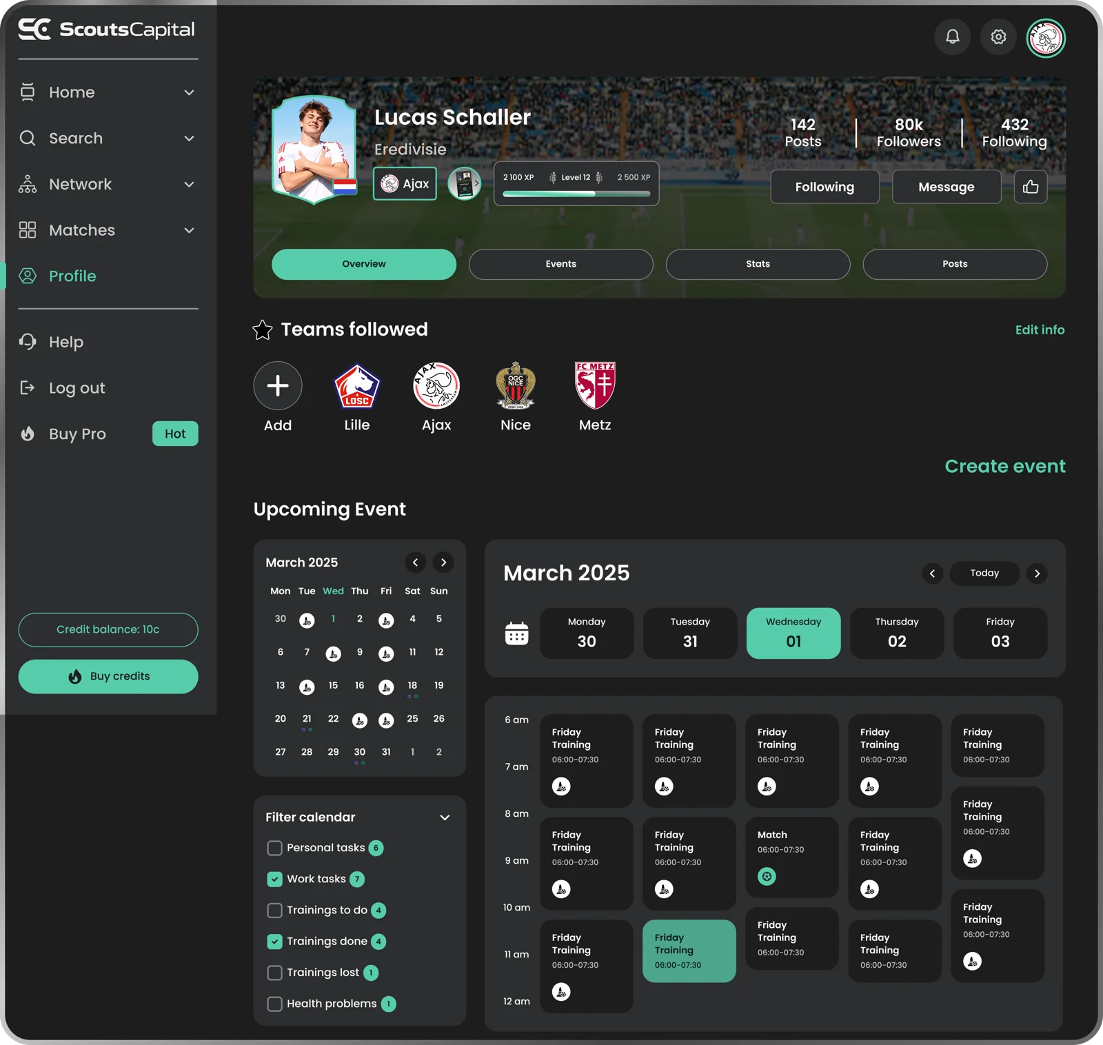 ScoutsCapital web app: a player profile with followed teams and an event calendar